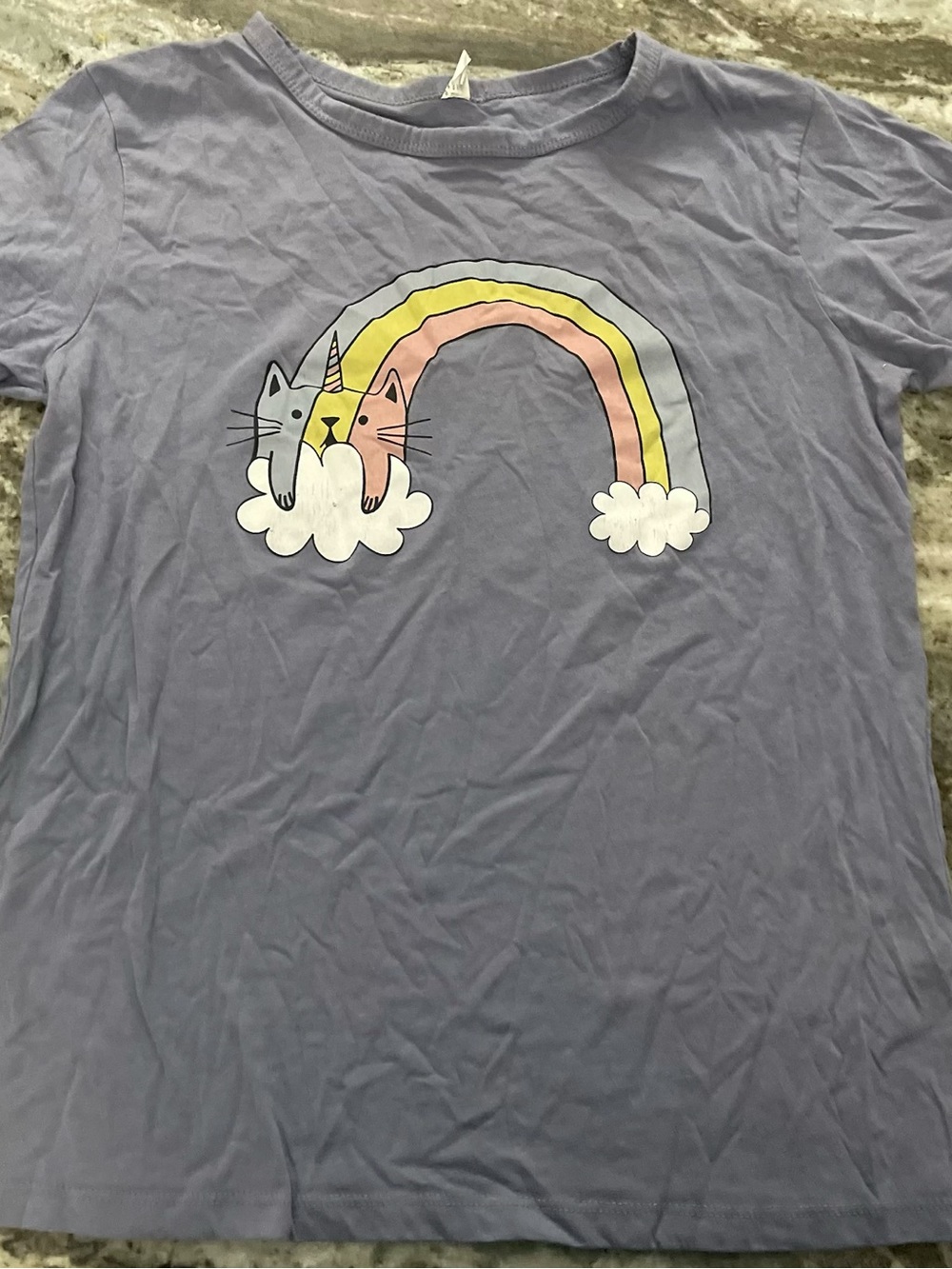 Cute Cat Unicorn Rainbow Tee XL Purple Kawaii Graphic Shirt